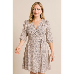 Calvin Klein Floral Wrap Dress Size 12 Pink Blue 3/4 Sleeves Peasant Cottagecore